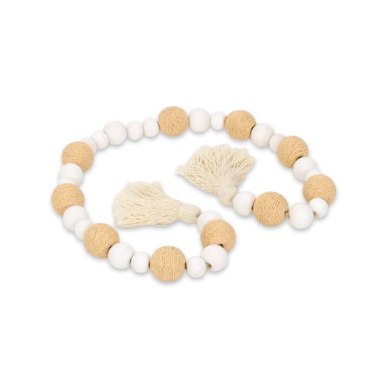 Kira White Wood and Brown Fabric Beaded Garland - N/A