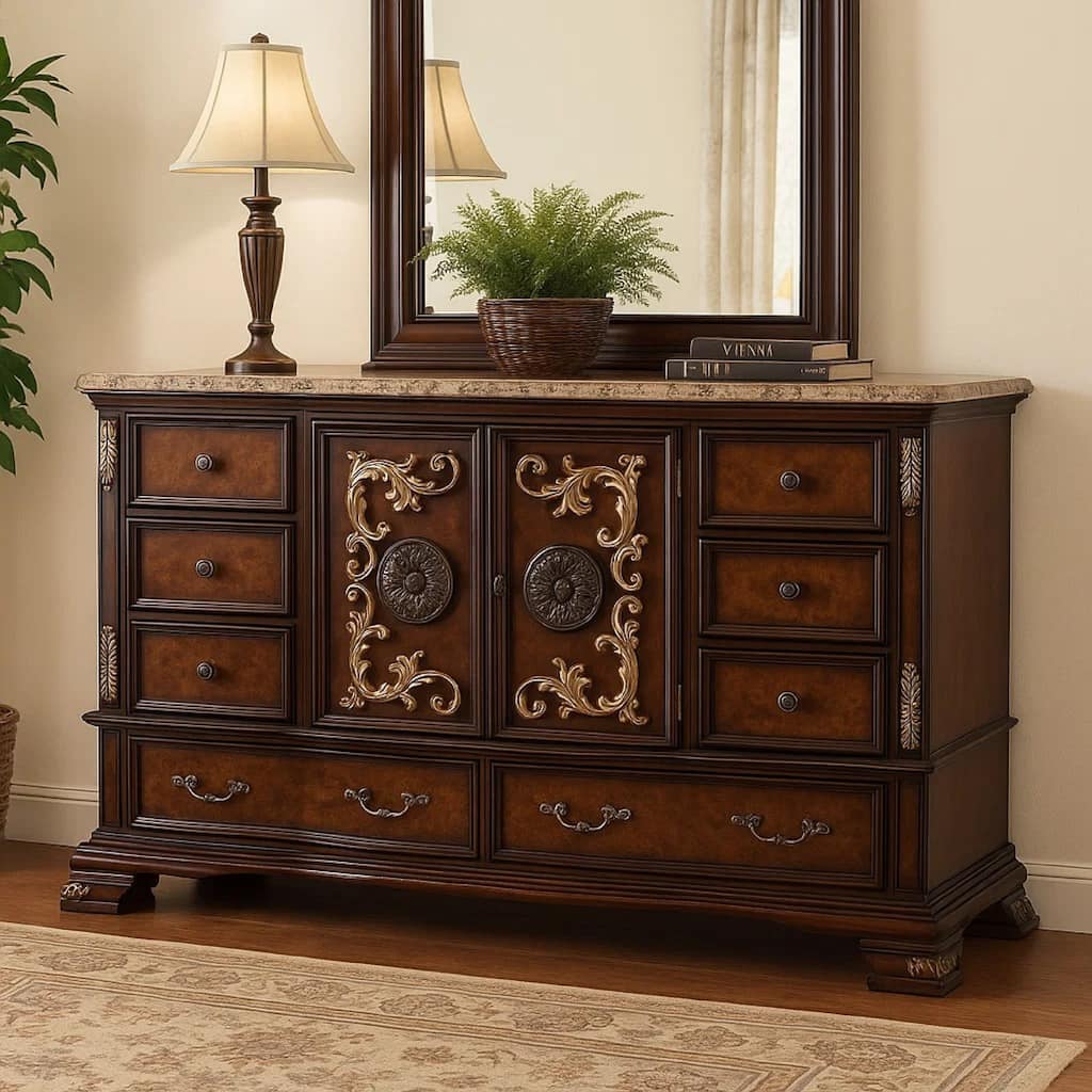 Iliana 8 Drawer Wide Dresser with 2 Door Cabinet, Dark Cherry Brown Wood