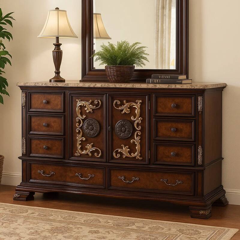 Iliana 8 Drawer Wide Dresser with 2 Door Cabinet, Dark Cherry Brown Wood