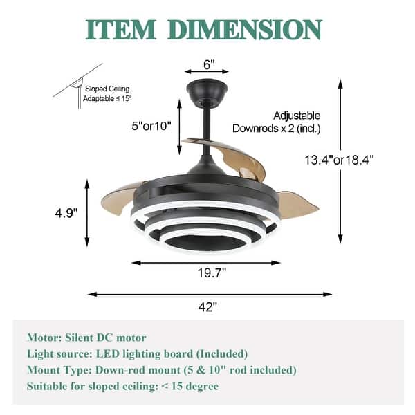 dimension image slide 0 of 6, Cusp Barn 42" Retractable Ceiling Fan with Lights and Remote DIY Shape Fandelier Modern Silent DC Motor LED Ceiling Light