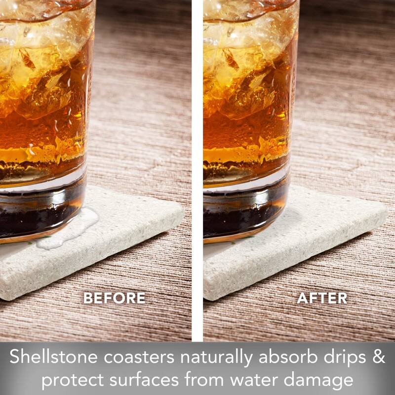 Natural Shell Stone 4 Pack Absorbent Stone Coasters with Protective Cork Backing Manufactured in The USA