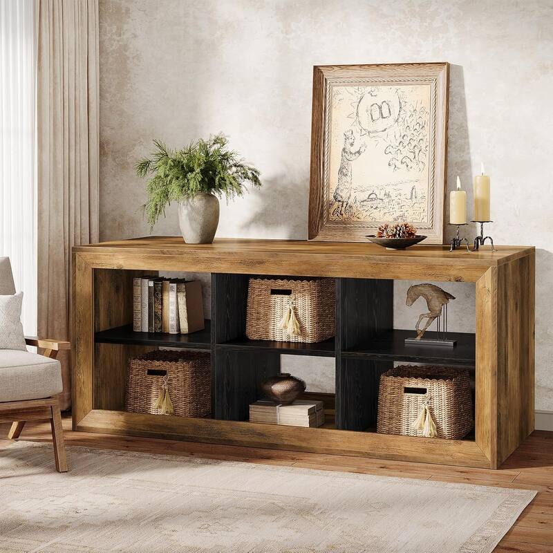 6 Cube Storage BookShelf, 63" Long Horizontal Low Modern Console Book Case, Floor Standing Wooden Cubby Bookcase