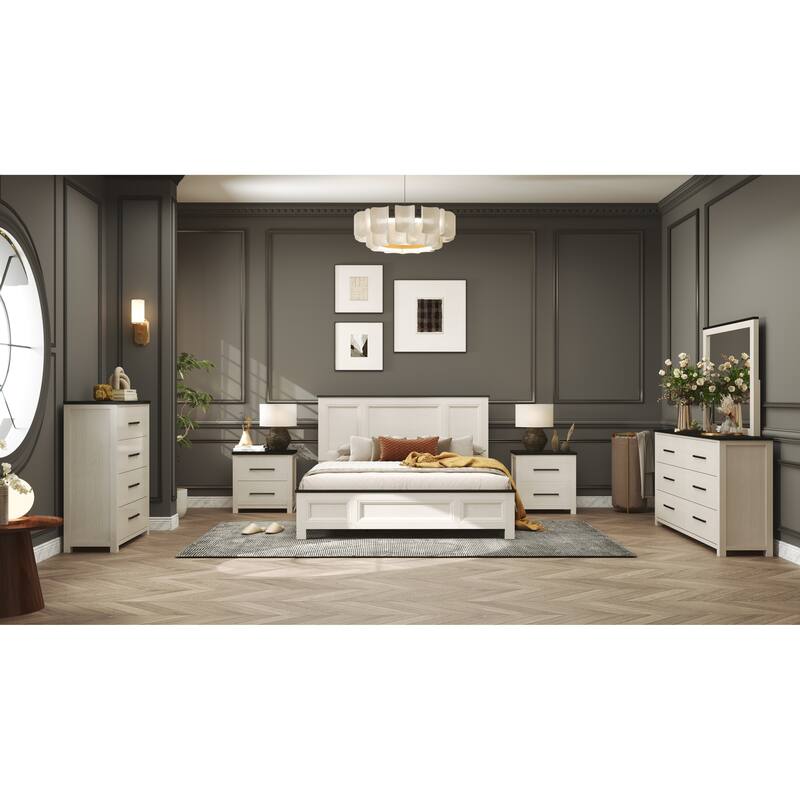 Roundhill Furniture Realynn 6-Piece Wood Bedroom Set, Panel Bed with Dresser, Mirror, Chest, and 2 Nightstands, Off-White Finish - Queen