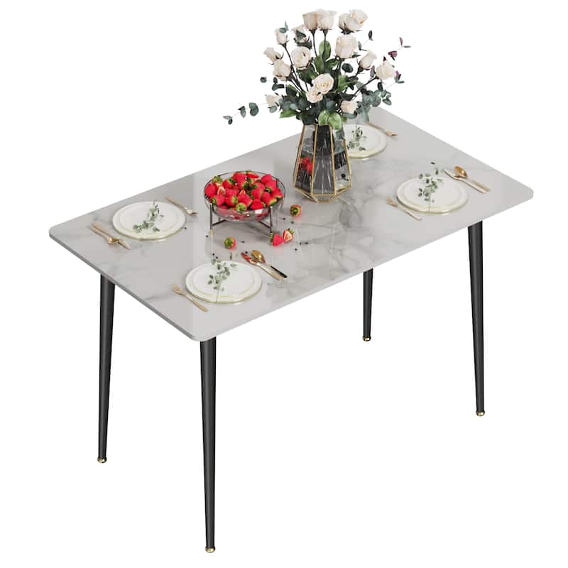 6 Seater Kitchen Dining Table Modern Marble Tabletop Rectangular with Tapered Metal Legs - High Gloss White