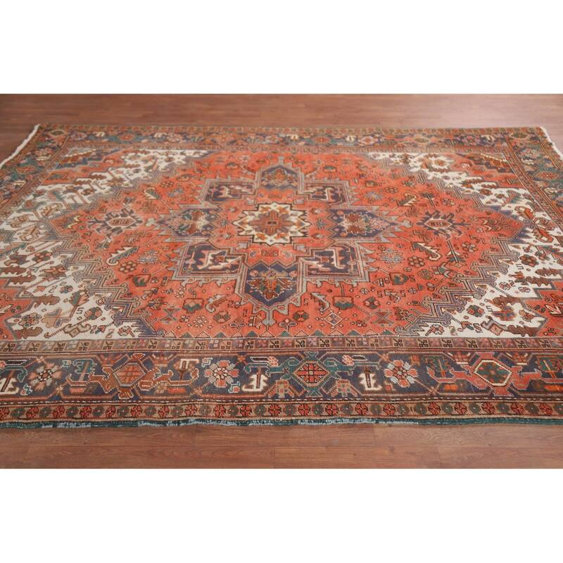 Hand Knotted Oriental 100% Wool Carpet Traditional Medallion Oranges & Rust Heriz Area Rug - 8' 9'' X 6' 7''