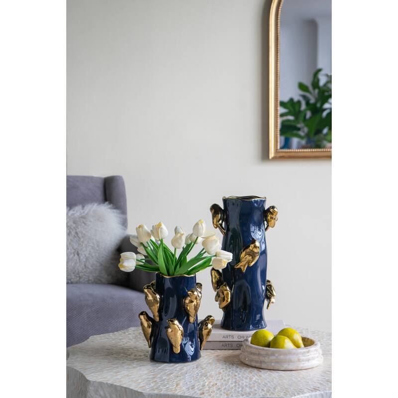 8x8x15.5" Blue Ceramic Tree Branch Vase with Gold Bird Accents
