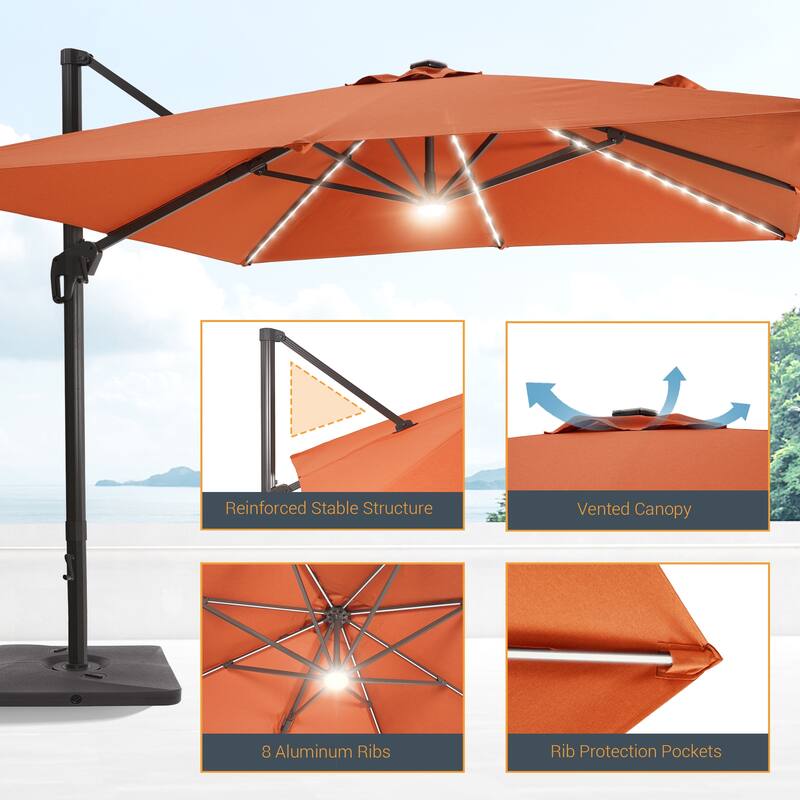 LIVOOSUN Patio10x10FT LED Aluminum Cantilever Umbrella Solution-Dyed Fabric w/Base