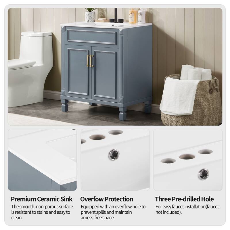Modern 30" Freestanding Bathroom Vanity Cabinet Wood Frame with Ceramic Sink and Soft-Close Storage
