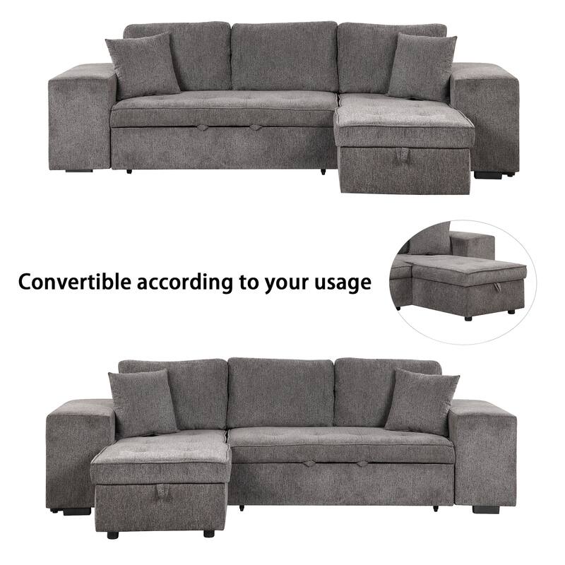 Convertible Sleeper Sectional Sofa, Reversible Sofa with Pull-Out Bed, Storage Chaise & 2 Stools, Linen Upholstered 4 Seat Sofa