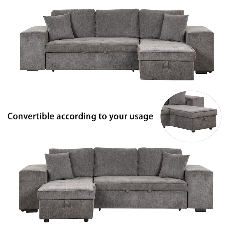 Grey 104.5" Charcoal L-Shaped 3-Seater Convertible Sofa with Pull-Out Bed, Storage Chaise, and 2 Convenient Stools