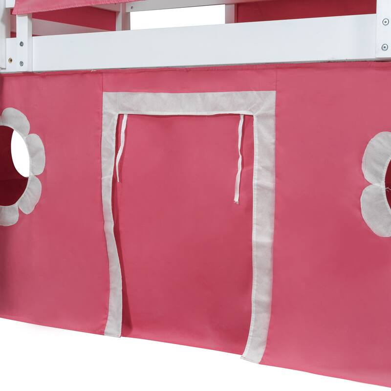 Castle Frame Bed Wood Loft Bed Loft Bed Convertible To Mini Playground with Pink Tent and Tower, Child Bed Tent