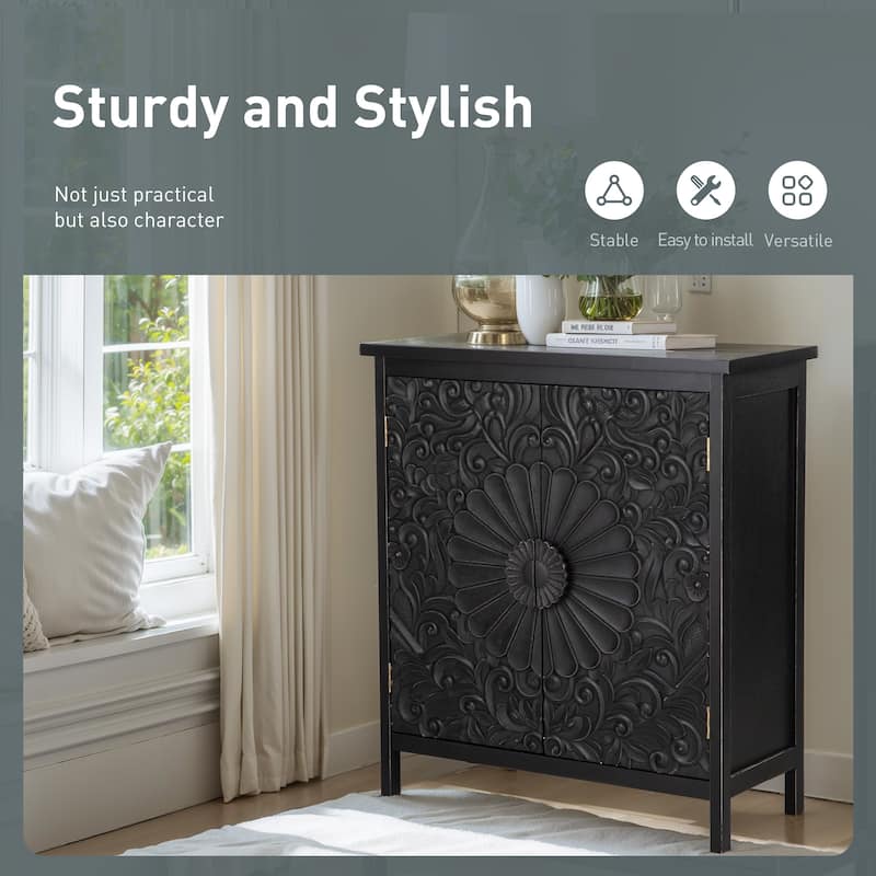 Vintage 2-Door Black Flower Carving Handle Distressed Storage Cabinet