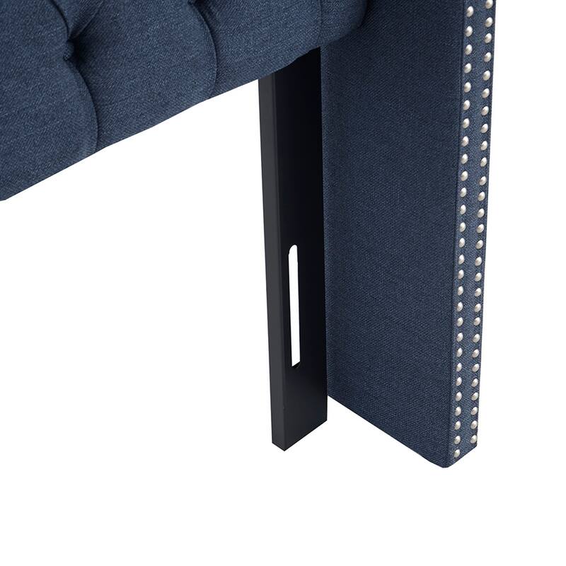 Queen Navy Upholstered Tufted Wingback Headboard with Nailhead Trim