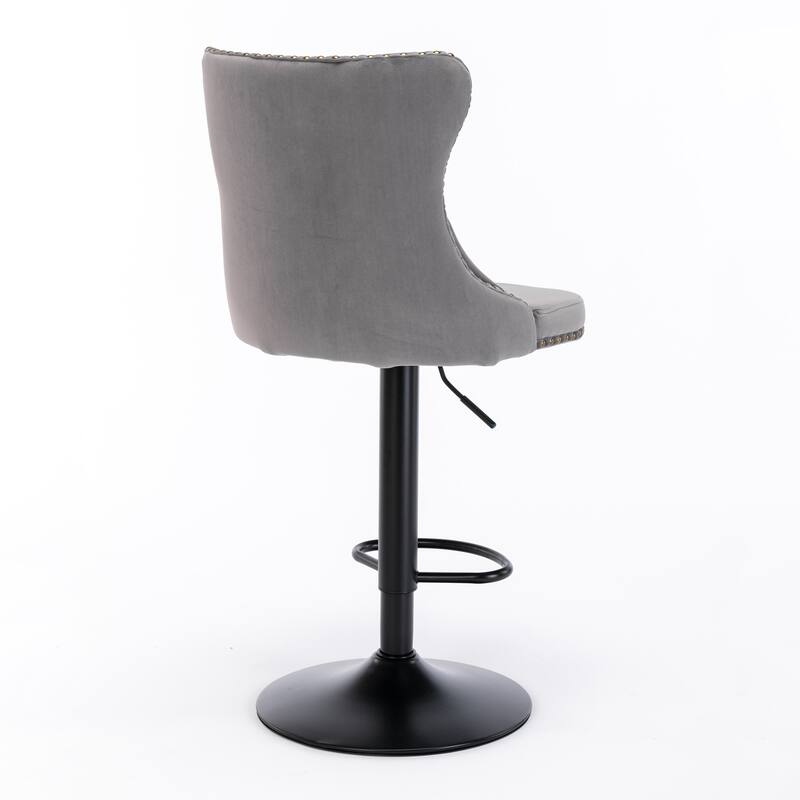 Gray Bar Stools Set of 2, Velvet Swivel Barstools w/ Footrest & Nailhead Trim, Adjustable Armless Upholstered Modern Bar Chairs