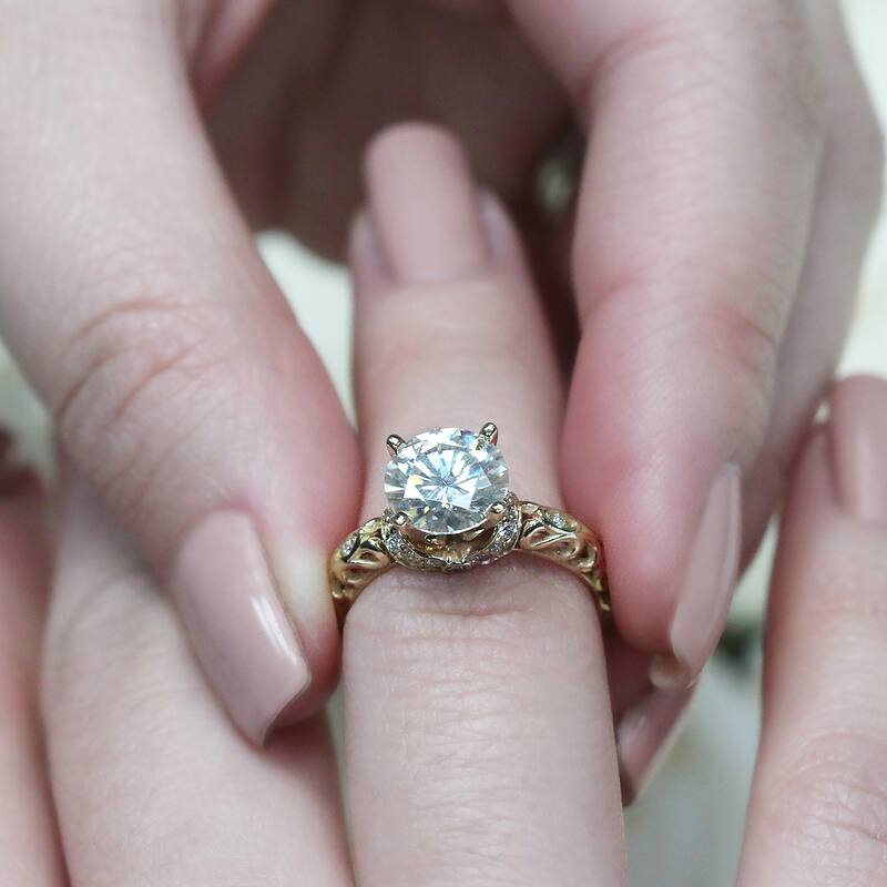 Auriya 14k Gold 2 carat Vintage Moissanite and Diamond Engagement Ring 1/8ctw