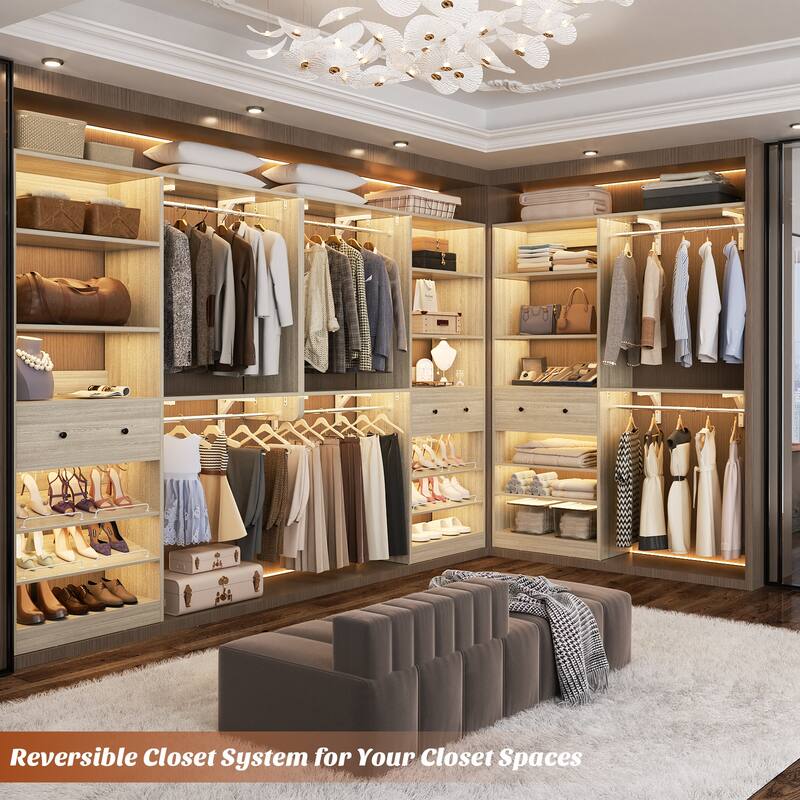 5FT Wood Closet System with 2 Hanging Rods ＆ Adjustable Shelf,Reversible Walk In Closet Organizers with Shoe Rack ＆ Drawer
