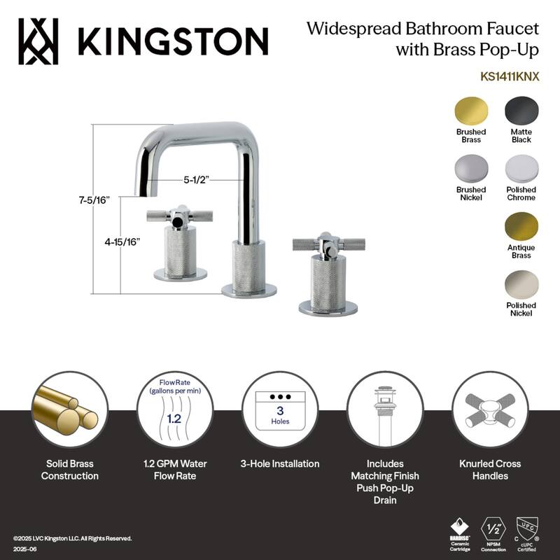 Kingston Brass Convergent Two-Handle 3-Hole Deck Mount Widespread Bathroom Faucet with Push Pop-Up Drain