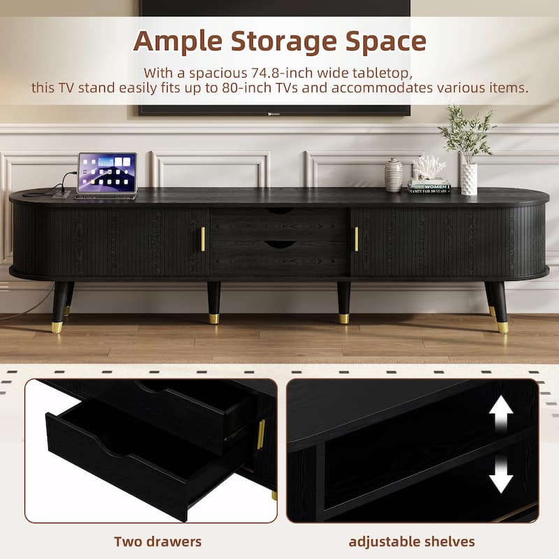 Wooden Oval Fluted TV Stand with Charging Station for TVs Up to 80"