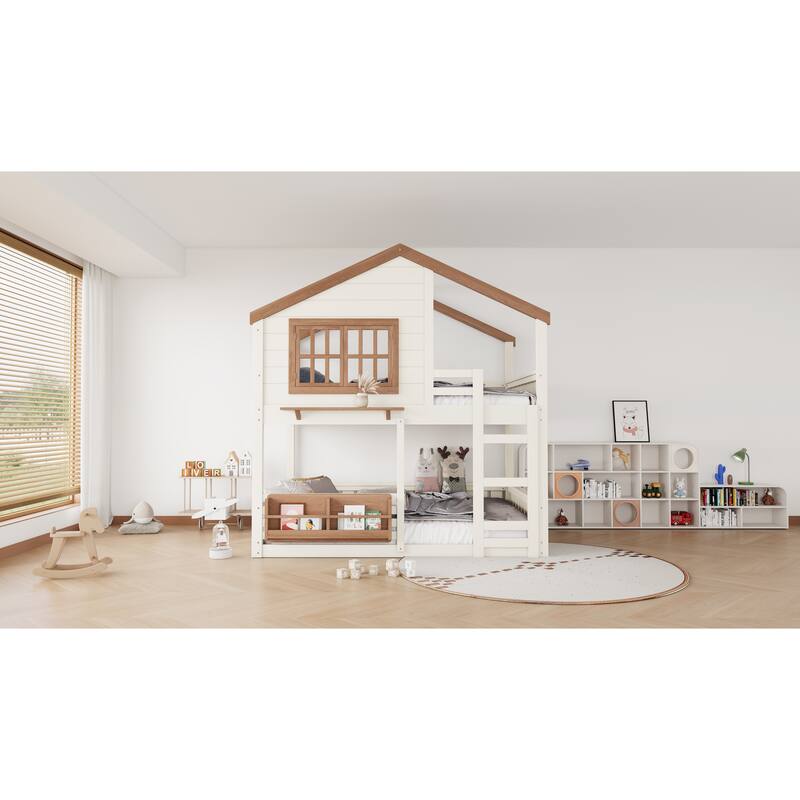Full Size Bunk Bed/Loft Bed with Bookshelf, House Design, High-Quality Safety Fencing