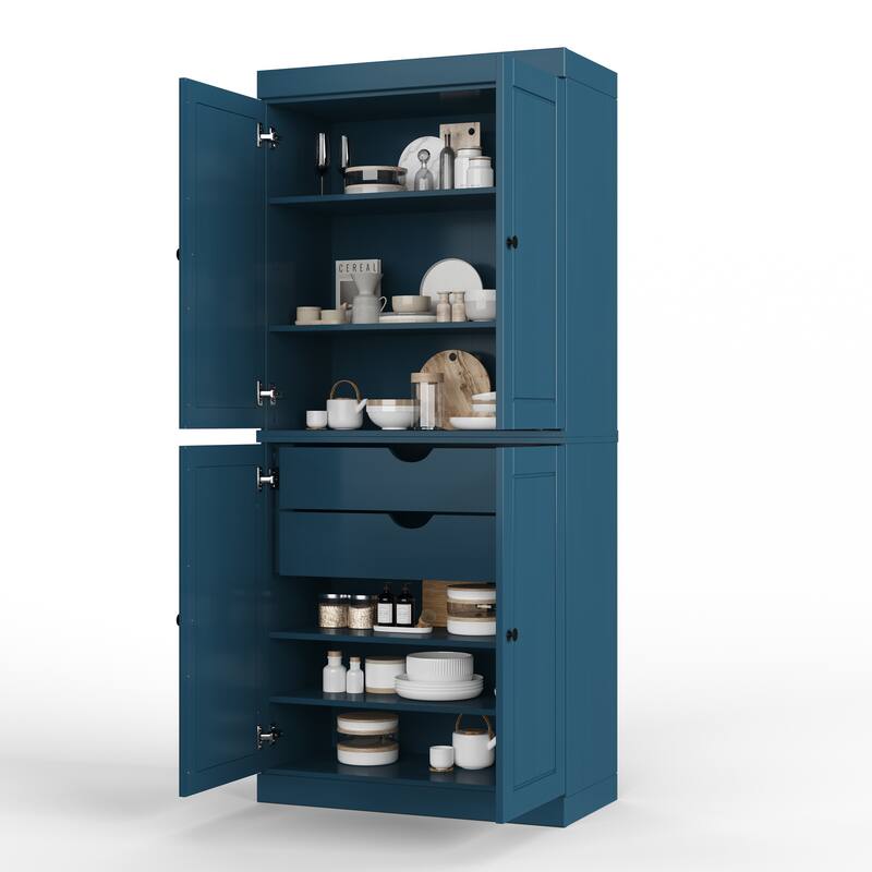 Solid Wood Tall Freestanding Kitchen Pantry Cabinet with Doors & 2 Drawers, Adjustable Shelves, Modular Storage, 32" W x 71.5" H