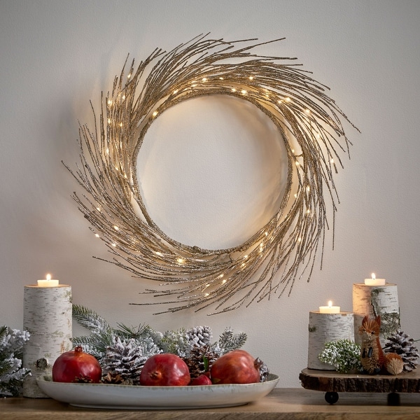 Triple 24" Pre-lit Warm White LED Wreath by Christopher Knight Home - Champagne Glitter. Opens flyout.