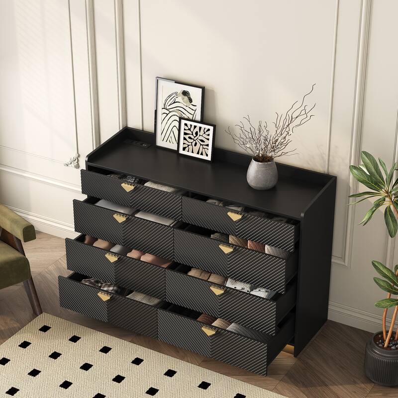 Modern Double Dressing Wood Storage Cabinet with LED Grooved Panel 8 Drawers, for Bedroom Living Room, Black