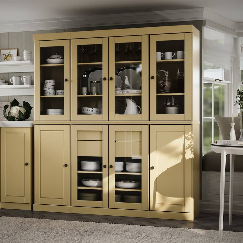 Palace Imports 100% Solid Wood Pantry China Cabinet, Raised Panel & Clear Glass Doors, 2 Drawers, 65" Wide, 71.5" Tall - Yellow