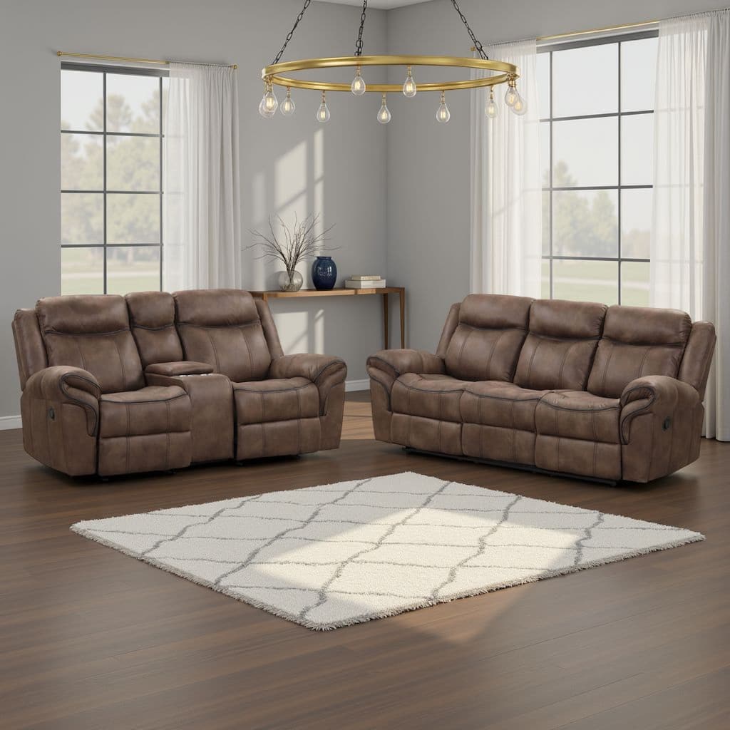 Arisa Sofa and Loveseat Manual Recliner Set, Brown Faux Leather, Drop Table