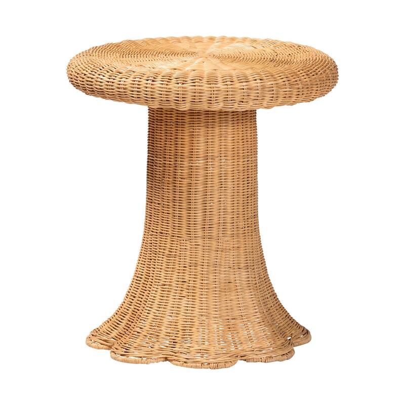 Avalon Scallop Natural Rattan Side Table - Handwoven Wicker Table with Skirted Base, Coastal Style for Living Room or Hallway - Light Honey