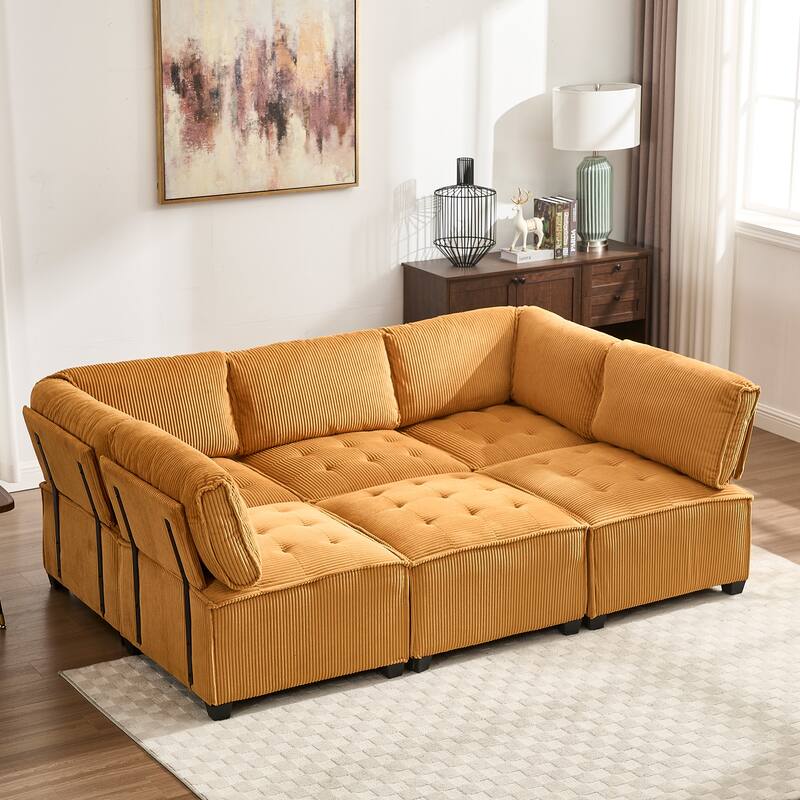 121.26" Corduroy Modular Sectional Sofa 6- Seat U Shaped Couch with Reversible Chaise and Ottoman