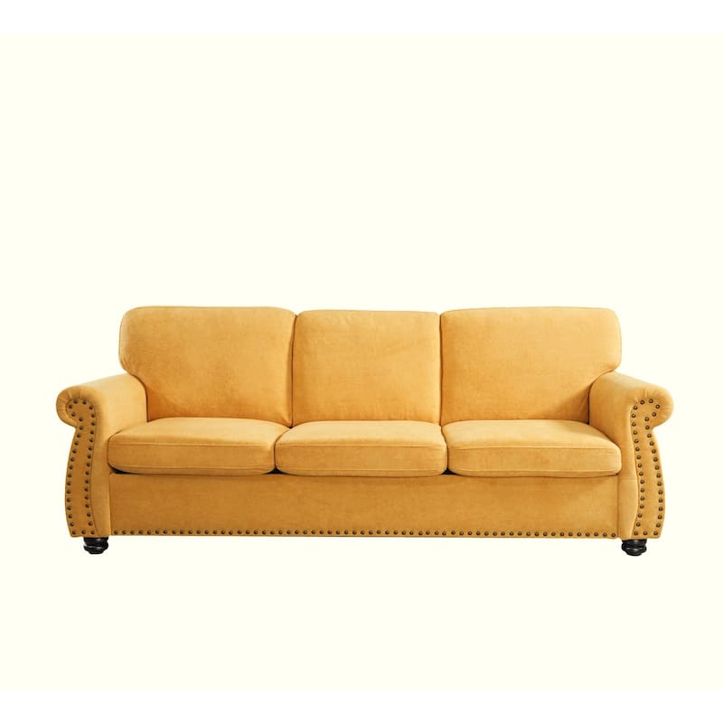 Soft Velvet 3 Seater Sofa, Mustard Yellow, High-Density Foam, Mid-Century Modern Design