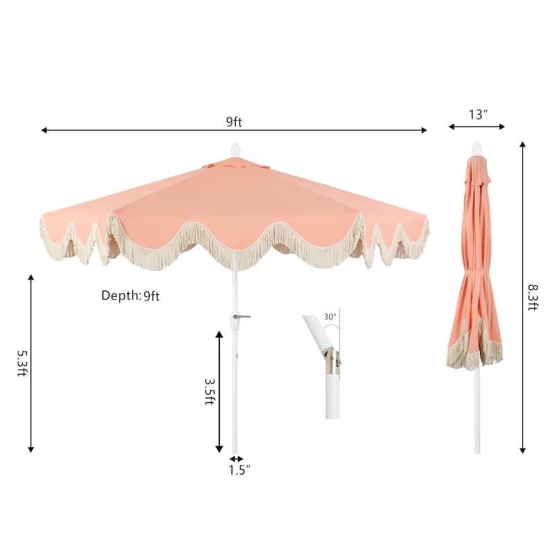 9ft Tassel Patio Umbrella Auto-Tilt, Crank , by JONATHAN Y