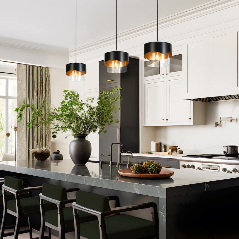 Modern Industry 1-Light Black and Gold Cylindrical Chandelier Island Lighting Pendant Light for Dining Room - 9.9" × 8.9"