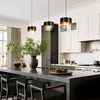Modern Industry 1-Light Black and Gold Cylindrical Chandelier Island Lighting Pendant Light for Dining Room - 9.9" × 8.9"