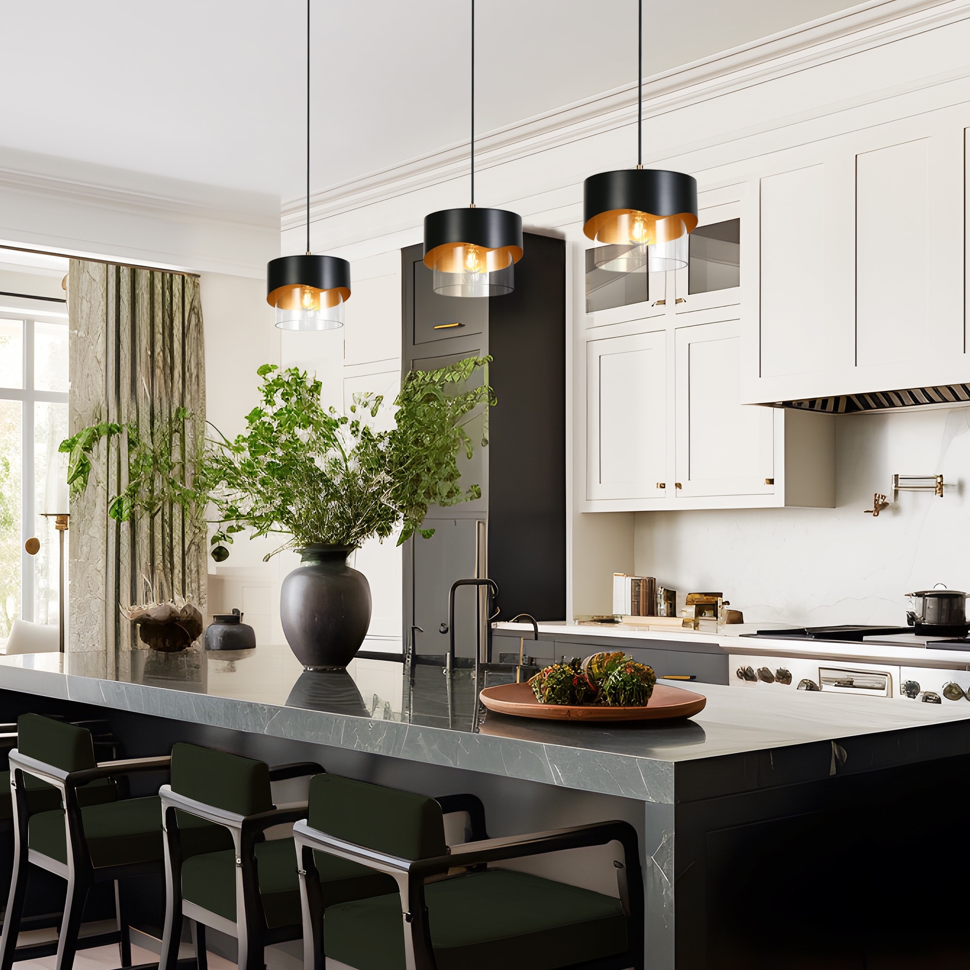 Modern Industry 1-Light Black and Gold Cylindrical Chandelier Island Lighting Pendant Light for Dining Room - 9.9" × 8.9"