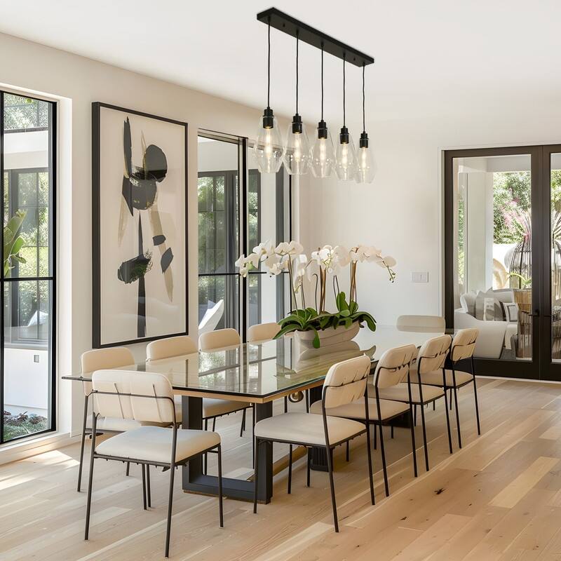 Modern Farmhouse 5-Light Black Linear Chandelier Glass Pendant Island Light for Dining Room - L38" x H75.2" Max