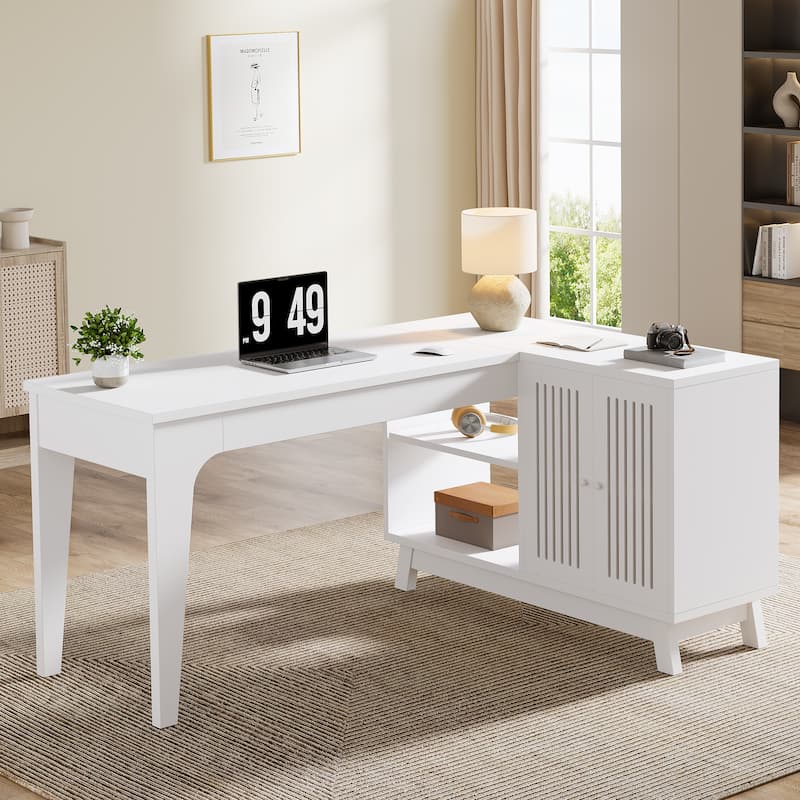 L-Shaped Desk with Storage Cabinet, 57-Inch Wood Corner Workstation - White