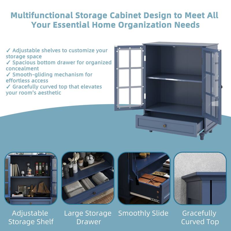 Modern Wooden Buffet Cabinet with Double Glass Doors & Drawer, Storage Sideboard for Dining Room & Entryway