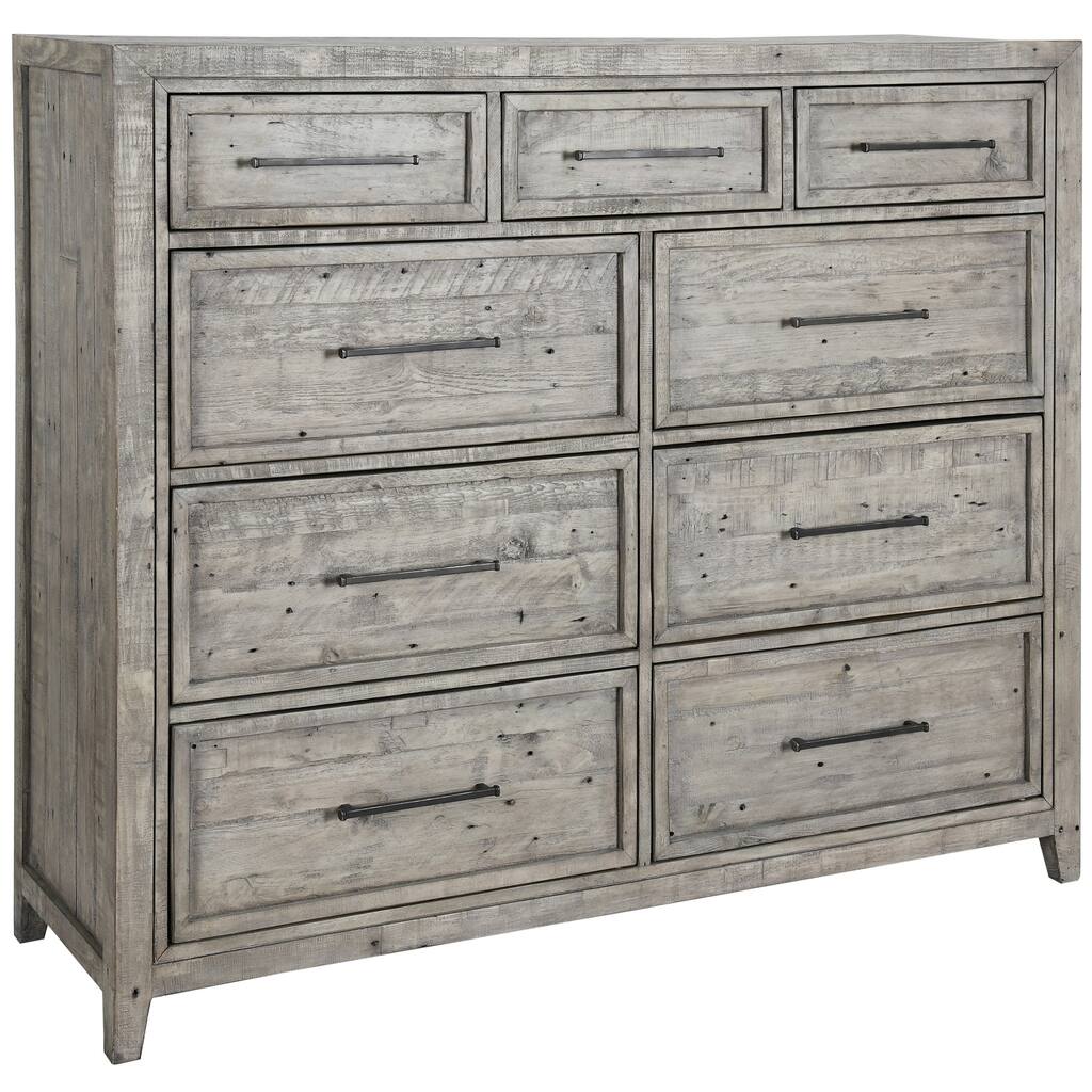 9 Drawer Wooden Dresser with Rough Hewn Saw Texture Detail, Gray