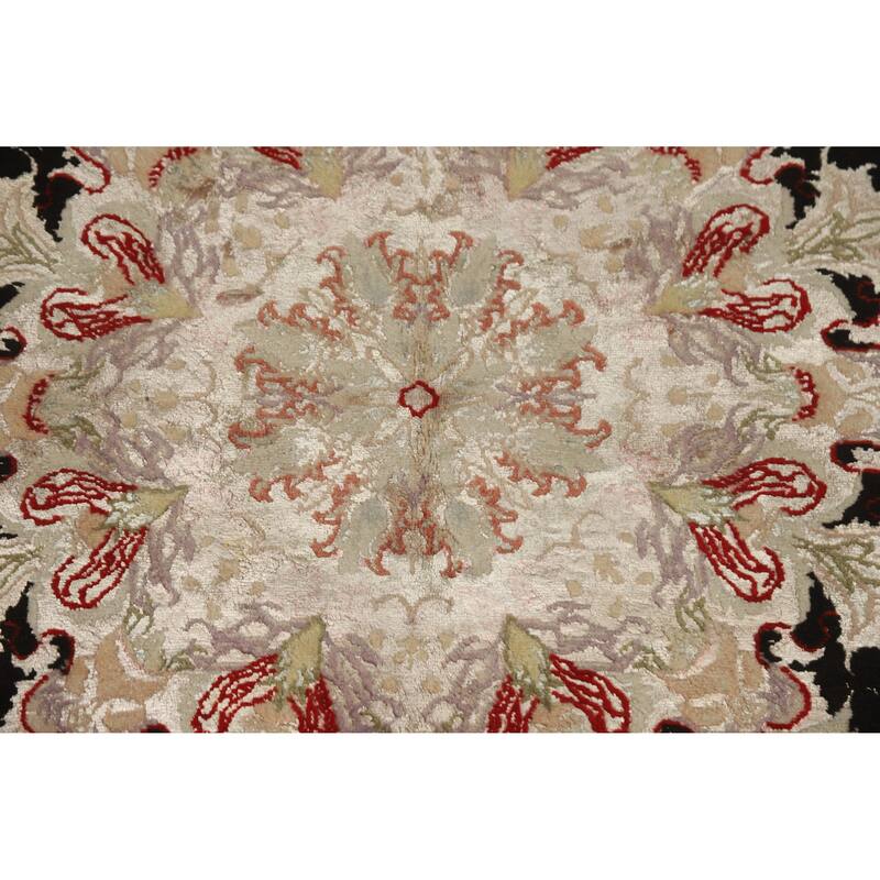 Hand Knotted Oriental Wool & Silk Carpet Traditional Floral Black Tabriz Area Rug - 7' 1'' X 4' 10''