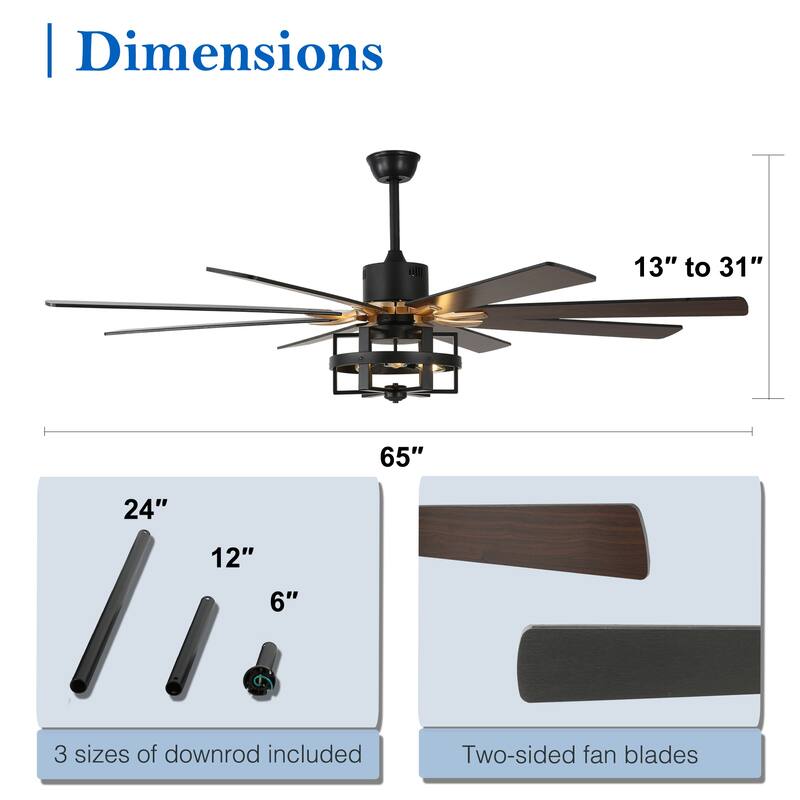65" Large Wood Blade Ceiling Fan, 8 Blades and 3 Lights, Quiet DC Motor with Remote for Living Room