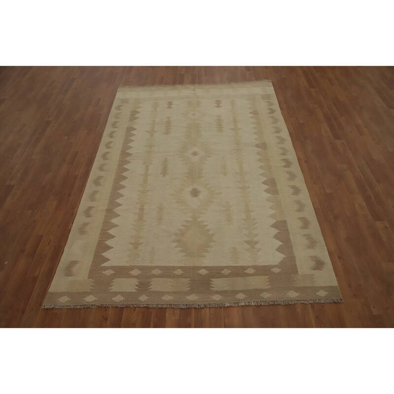 Hand Woven Oriental 100% Wool Carpet Southwestern Tribal Beige & Ivories Kilim Area Rug - 9' 1'' X 5' 9''