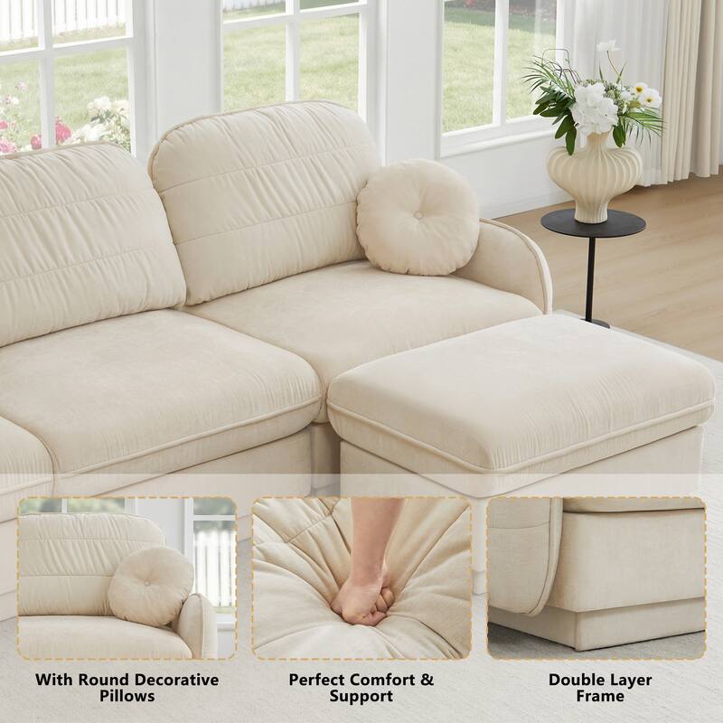 GDFStudio Alden Voss 137" Chenille Cloud 4-Seater Sofa with Quilted Back Cushions, Deep Seat