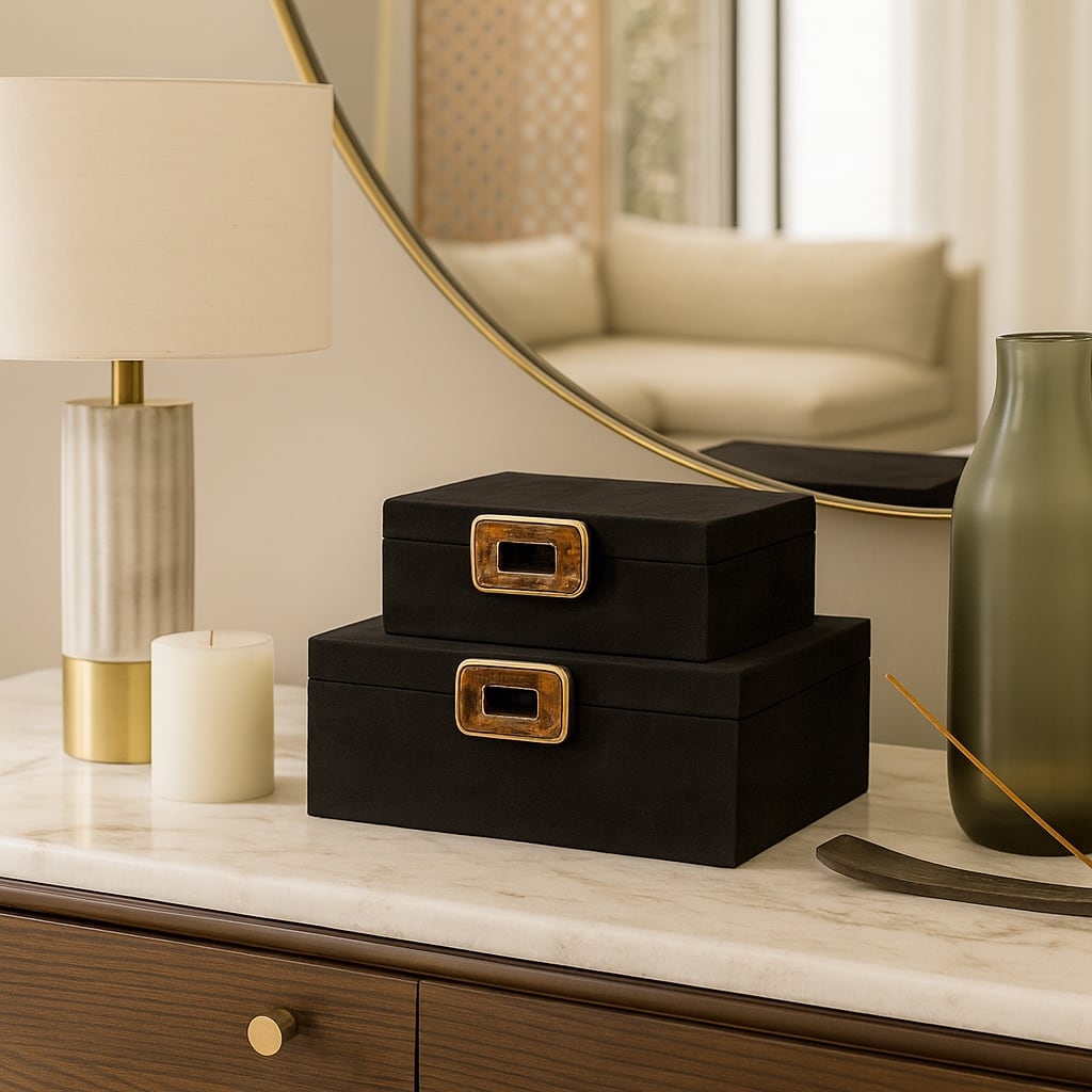 Modern Suede Box with Metallic Detail and Lid - Set of 2, 14", Black - 14.0"