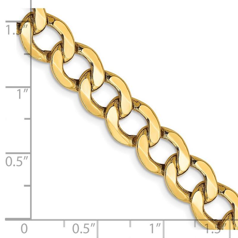 Curata 14k Yellow Gold Hollow Polished Lobster Claw Closure 8.0mm Semi solid Curb Link Chain Bracelet