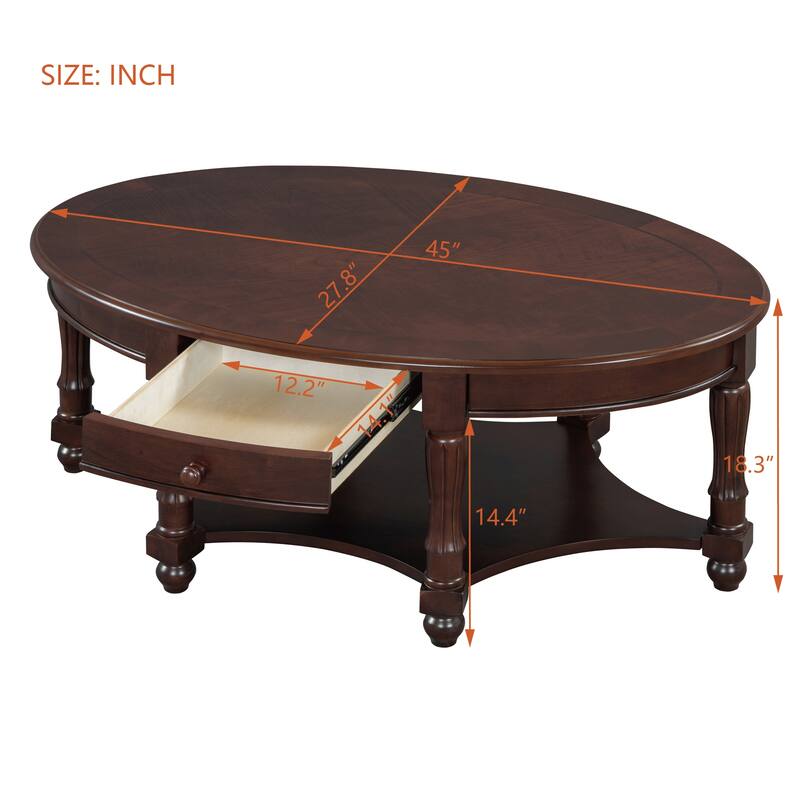 French Country Style Coffee Table Vintage Oval Coffee Table with Drawers and Storage Shelves, for Living Room