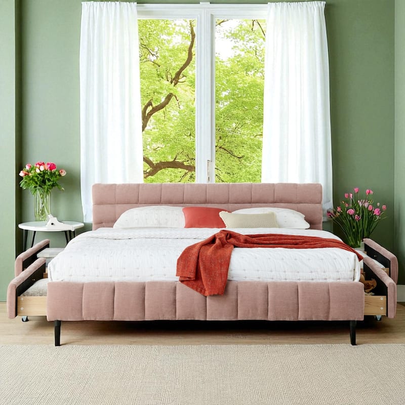 King Upholstered Platform Bed, Chenille Fabric, Headboard, Solid Frame, Under-Bed Storage Drawer, Modern Low-Profile