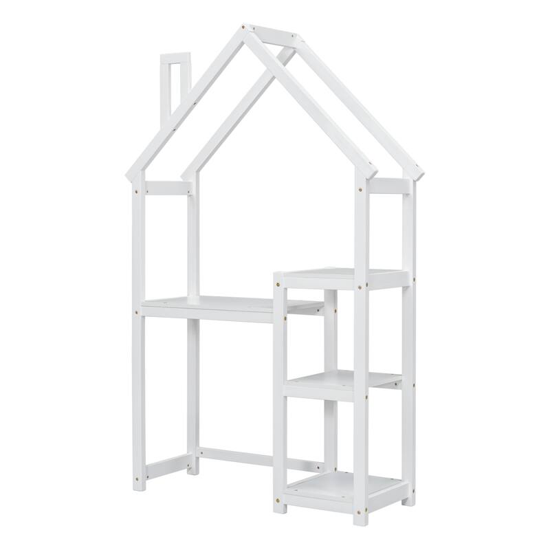 House-shaped Wooden writing Desk,Kids study Table,Bookshelf & Toy Storage - White