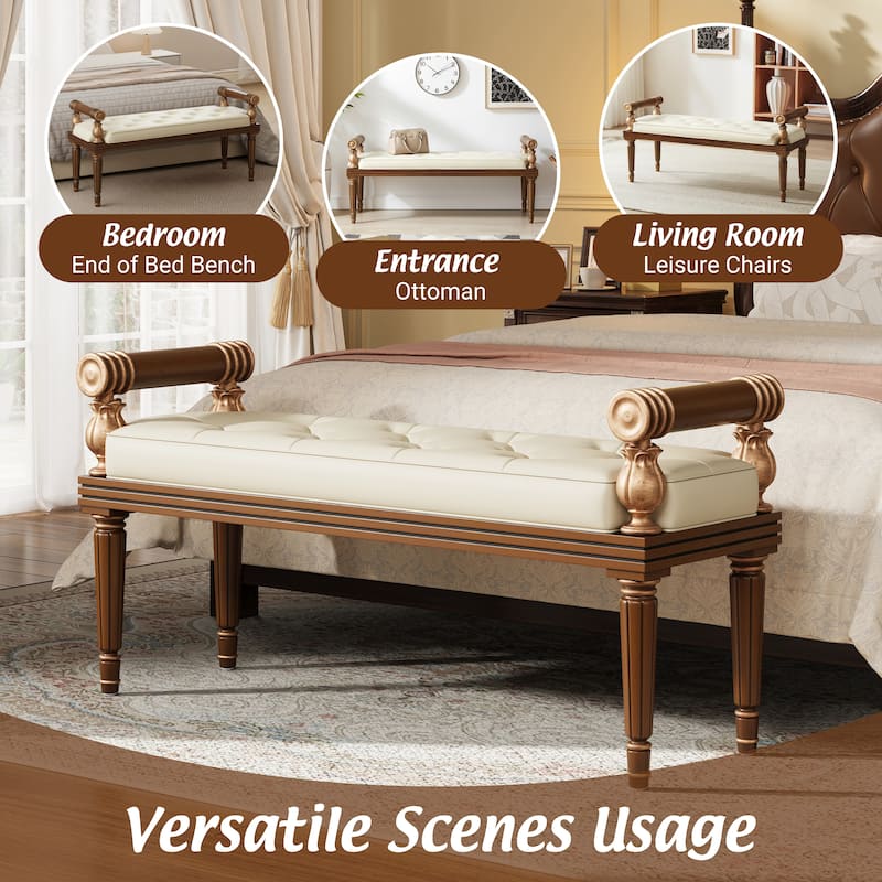 Christopher Knight Home - Mid-Century PU Leather Upholstered Bench with Button-Tufted Seat & Solid Wood Frame - 50"W