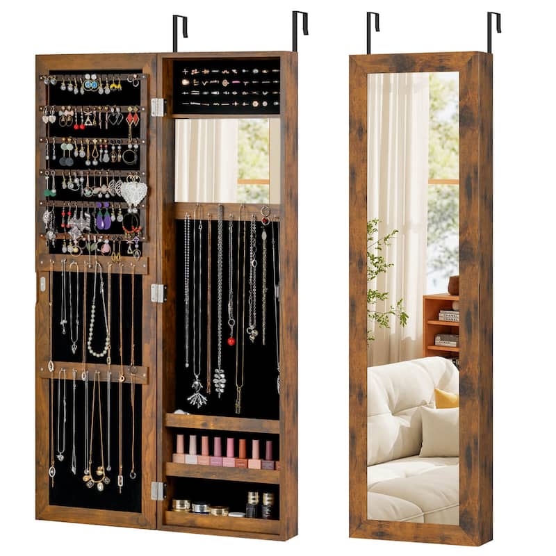 Costway Wall Mounted Jewelry Cabinet Door Hanging Jewelry Armoire with - See Details - Rustic Brown